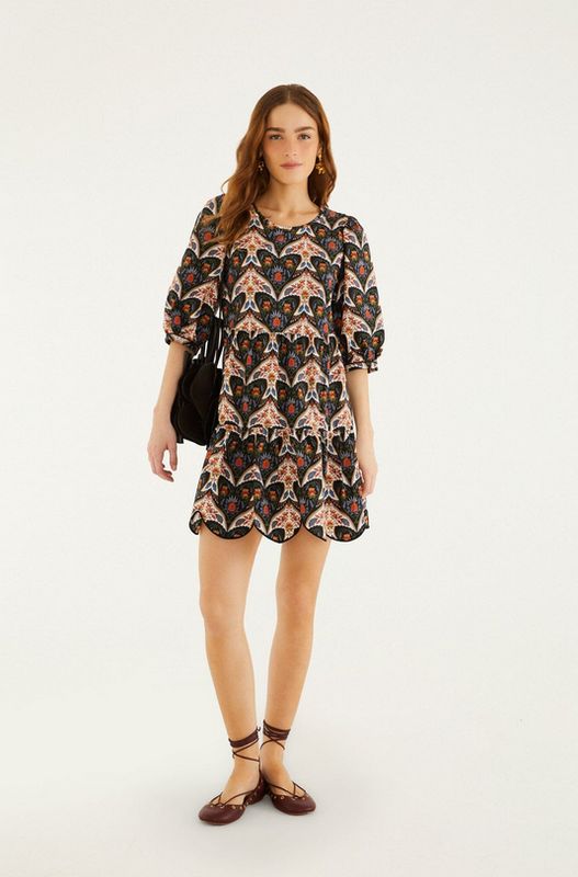 Farm Rio Black Porcelain Birds Puff Sleeve Mini