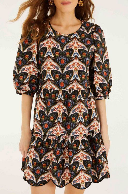 Farm Rio Black Porcelain Birds Puff Sleeve Mini