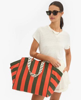Clare V. La Cote Tote in Army/Bright Poppy Canvas Stripe