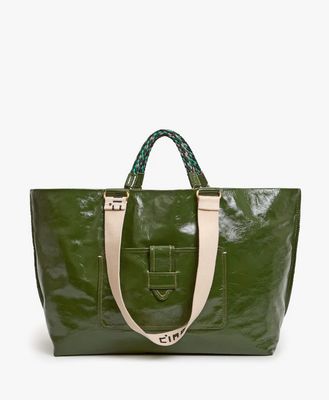 Clare V. Grande Bateau Tote Crinkle Patent Army