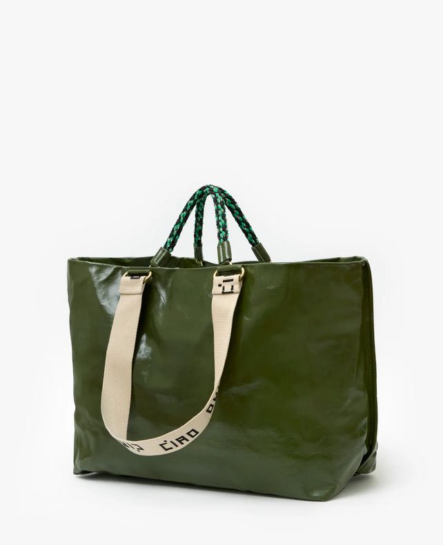 Clare V. Grande Bateau Tote Crinkle Patent Army