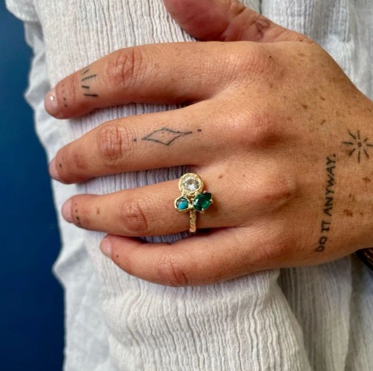 Emilie Shapiro Treasure Trove Ring with White Sapphire, Turquoise, and Emerald in Size 7 TTR