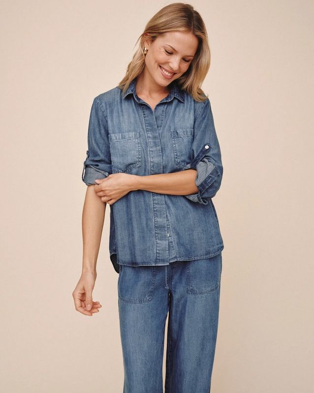 Bella Dahl Split Back Button Down in Shadow Blue