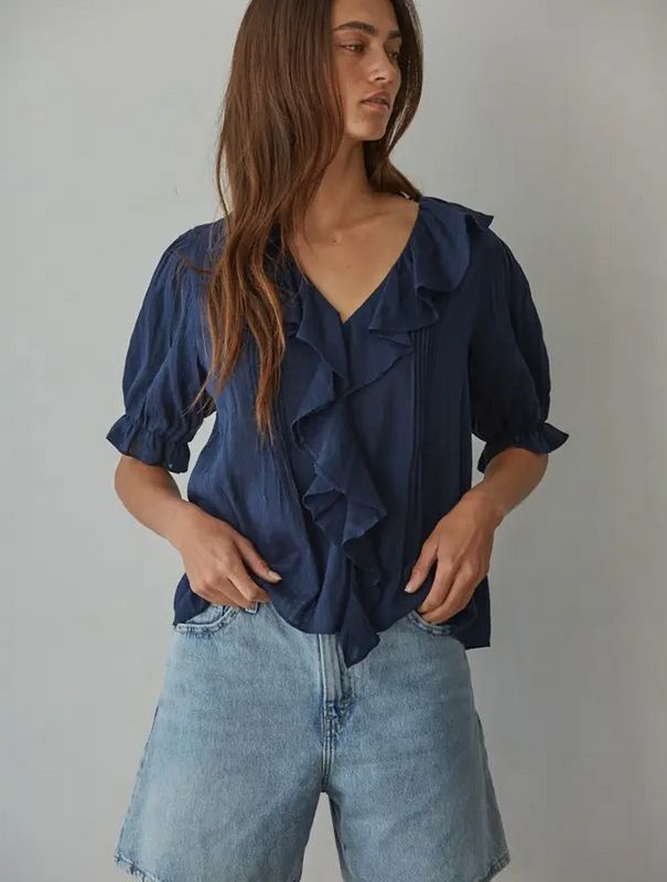 By Together Woven Cotton V-Neck Short Sleeve Top (Two Colors)