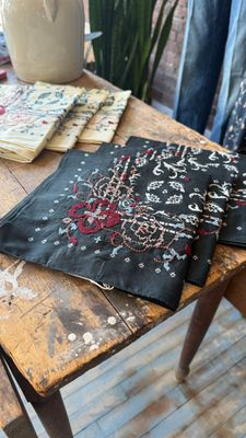 Indi &amp; Cold Cross Stitch Embroidered Handkerchief in Carbon