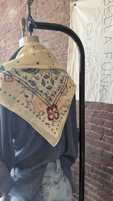 Indi & Cold Cross Stitch Embroidered Handkerchief in Crudo