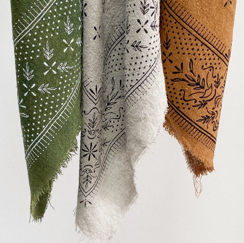 Eco Raw Studio Olive Green Classic Print Naturally Dyed Bandana in White Ink ER9