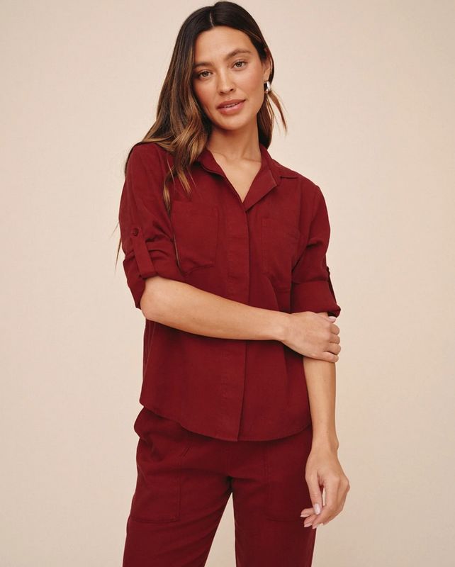 Bella Dahl Split Back Button Down in Deep Crimson