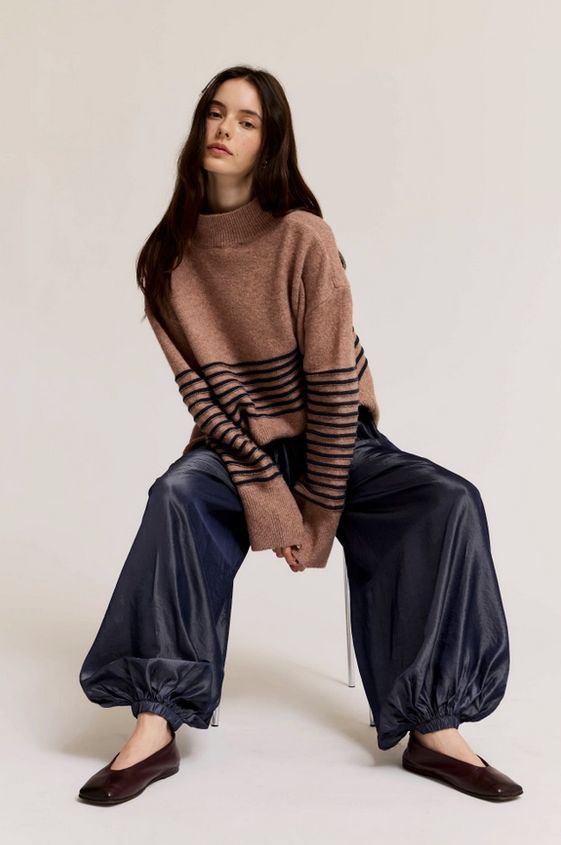 Grade &amp; Gather High Neck Stripe Wide Hem Sweater
