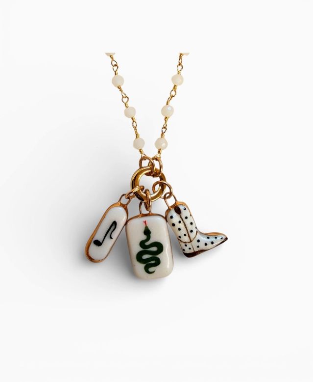 Sha Parle Beaded Gemstone Wire Wrap Charm Holder Necklace in White Chalcedony SH42