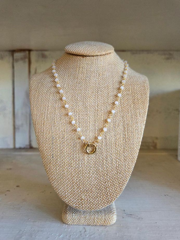 Sha Parle Beaded Gemstone Wire Wrap Charm Holder Necklace in White Chalcedony SH42