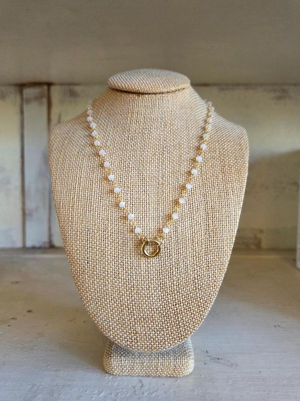 Sha Parle Beaded Gemstone Wire Wrap Charm Holder Necklace in White Chalcedony SH42