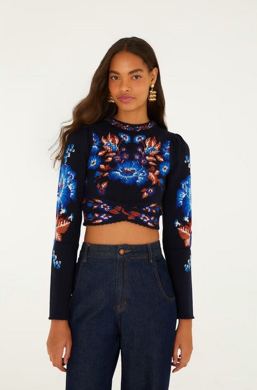 Farm Rio Bow Garden Blue Knit Top