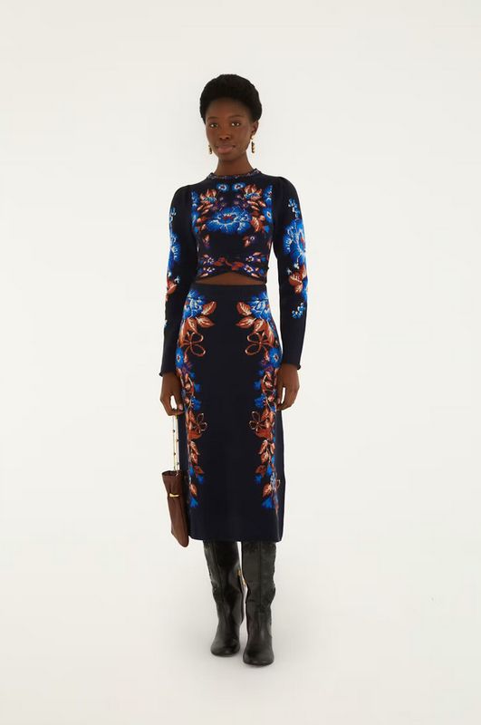Farm Rio Bow Garden Blue Knit Midi Skirt