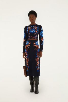 Farm Rio Bow Garden Blue Knit Midi Skirt