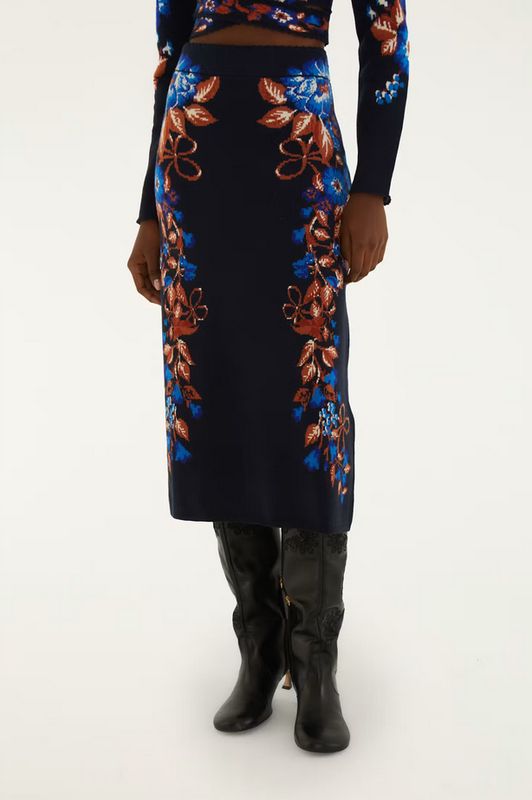 Farm Rio Bow Garden Blue Knit Midi Skirt