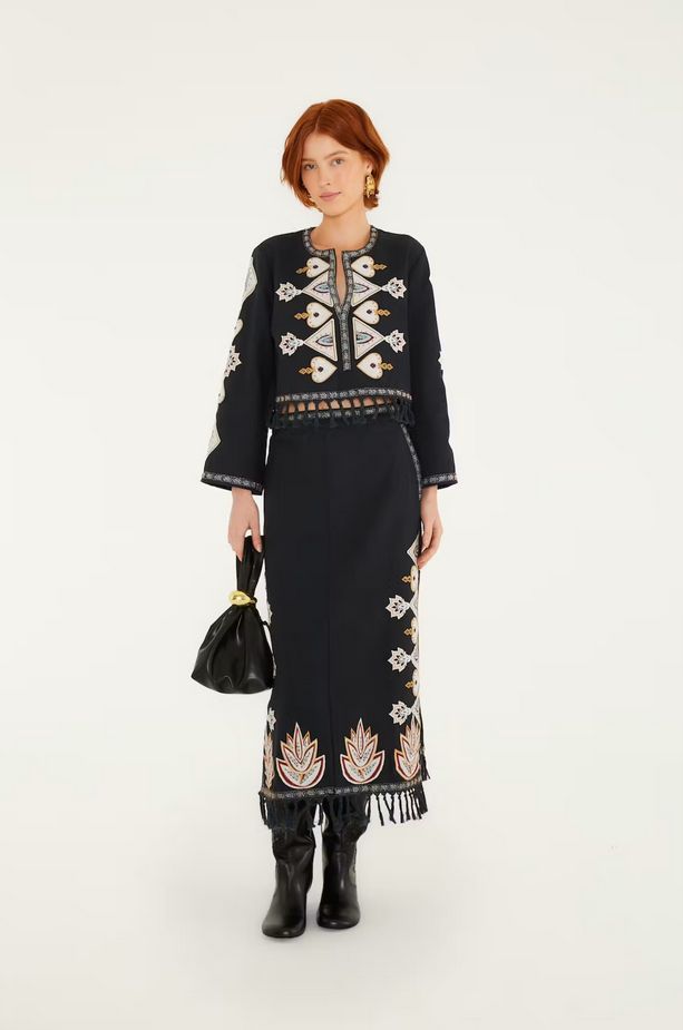 Farm Rio Black Embroidery Long Sleeve Crop Top