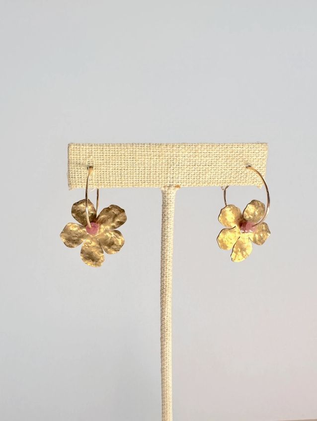 Found &amp; Feral Gold Filled Hoop Hammered Brass Flower Earrings - Pink FF22