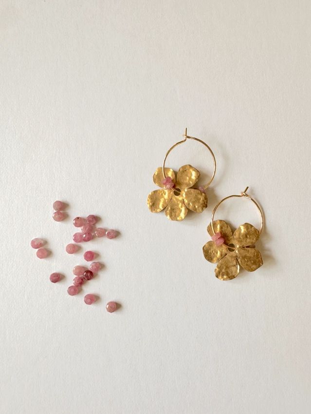 Found &amp; Feral Gold Filled Hoop Hammered Brass Flower Earrings - Pink FF22