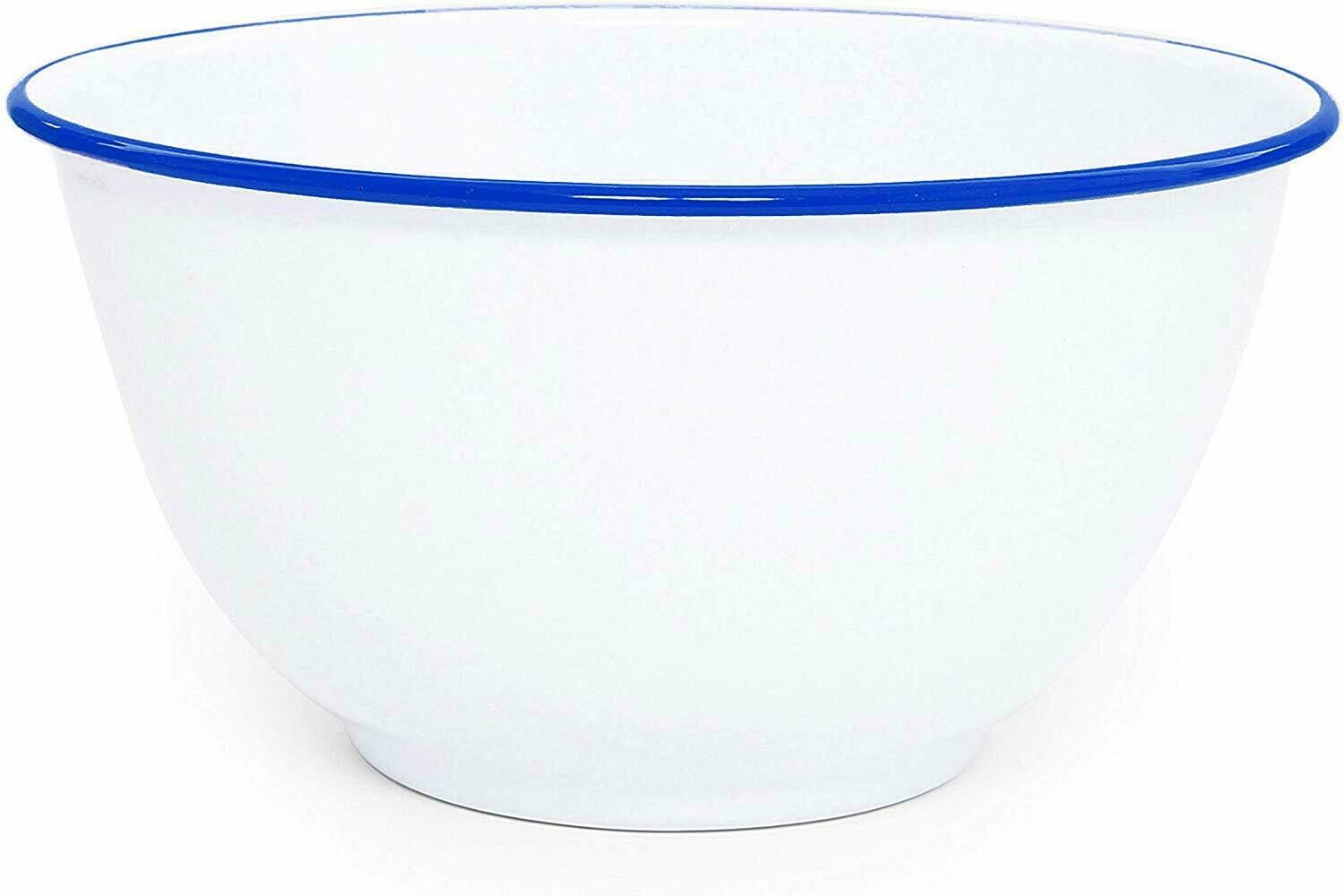 Small White Enamel Footed Bowl - Blue Rolled Rim 16 Oz
