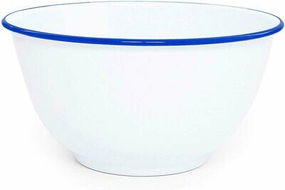 Small White Enamel Footed Bowl - Blue Rolled Rim 16 Oz