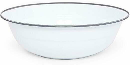 Large White Enamel Footed Bowl with Grey Rolled Rim 8 Qt