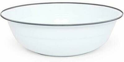 Large White Enamel Footed Bowl with Grey Rolled Rim 8 Qt