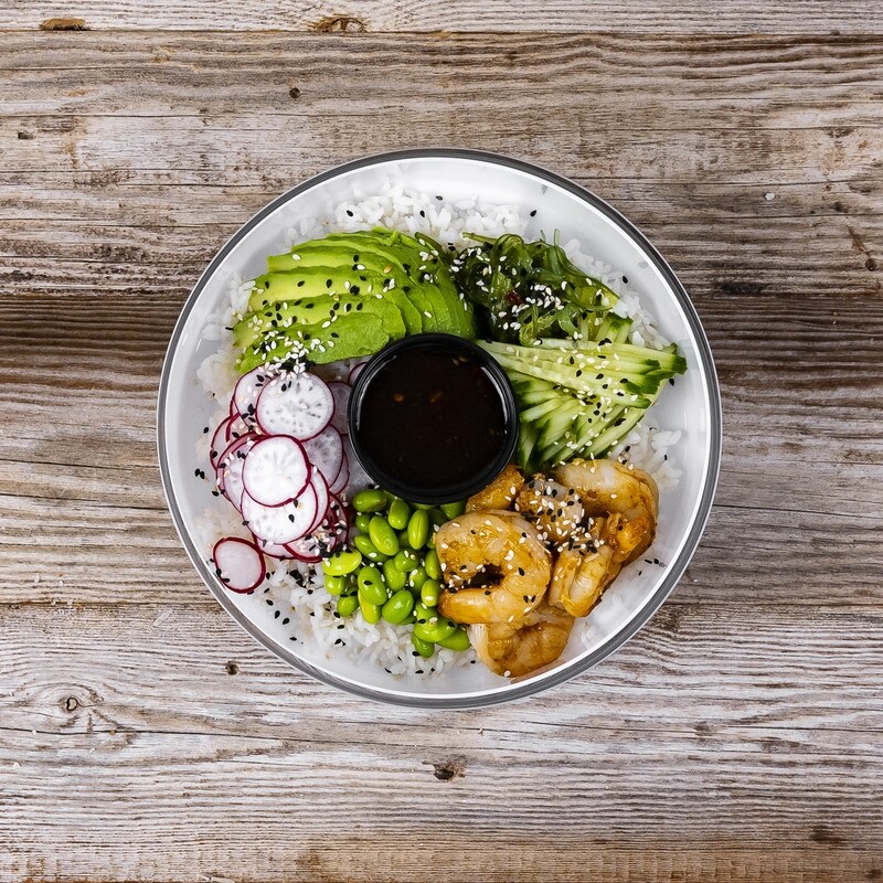 Poke bowl with tiger shrimp