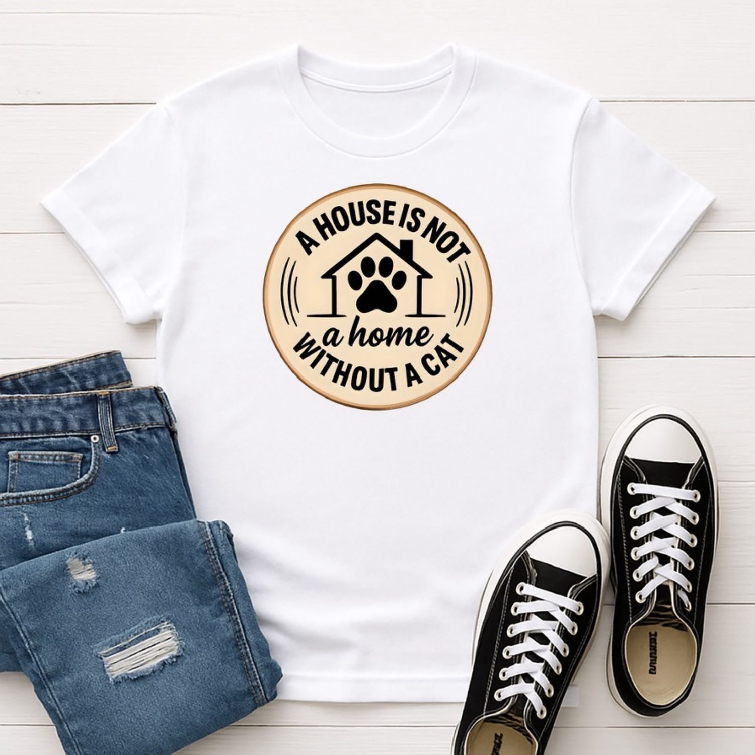 Cat Lover Gift T-Shirt | A House Is Not a Home Without a Cat Tee | Cute Paw Print Graphic Shirt for Pet Lovers