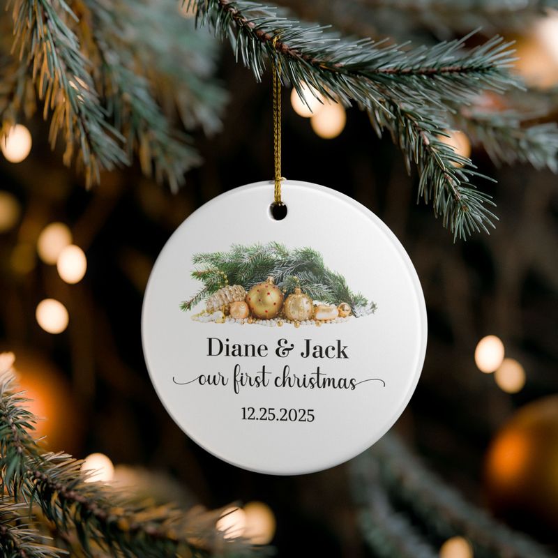 Personalized &quot;Our First Christmas&quot; Ornament – Custom Couple Name &amp; Dated 12.25.2025
