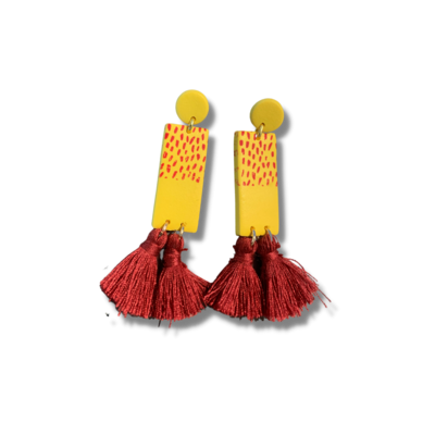 Cardinal/Gold Rectangle Pom Earrings