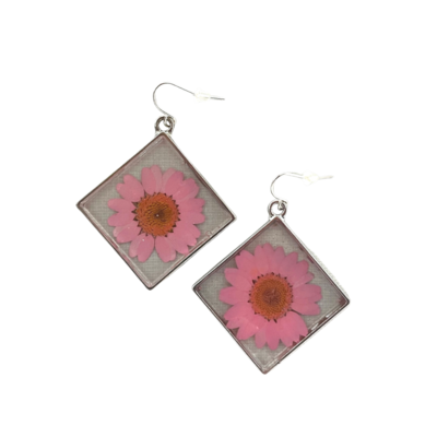 Pink and Silver Daisy Square Earrings