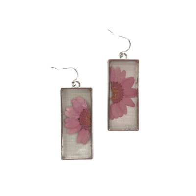 Pink and Silver Daisy Rectangle Earrings
