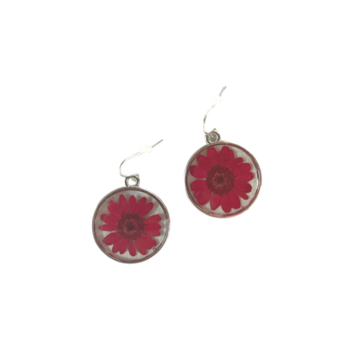 Red and Silver Daisy Round Earrings