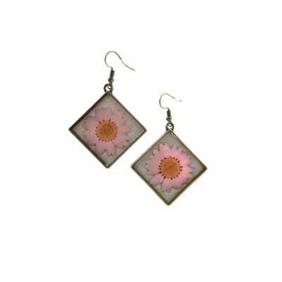 Pink and Bronze Daisy Square Earrings