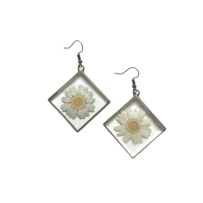 White and Bronze Daisy Square Frame Earrings
