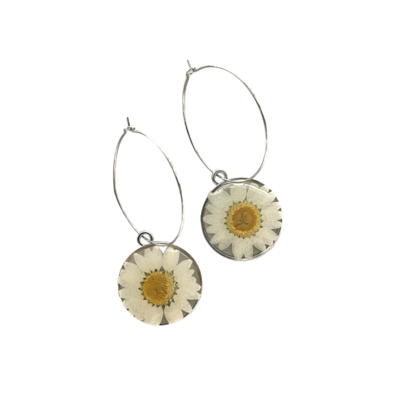 White and Silver Daisy Hoop Earrings