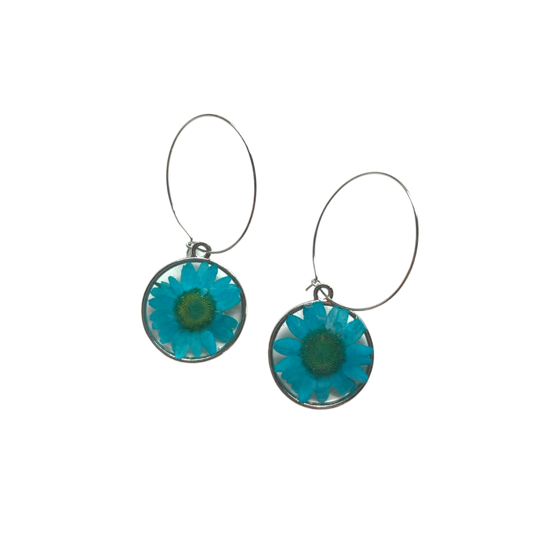 Turquoise/Silver Daisy Hoops