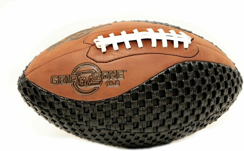 Grip Zone® 10.5 Grip Zone® 10.5" Buckskin Football( Junior Size 9-12)
Composite Leather Buckskin, Black Tacky Soft Mesh, Extra Grip Football for Training or Recreation Play by: Saturnian I P.E. - Supplier