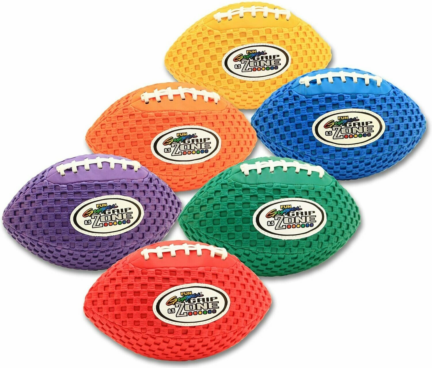 Grip Zone®-Fun Gripper® 8.5 Grip Zone®-Fun Gripper® 8.5" Solid Color Footballs w/full mesh grip covering (Set of 6) Assorted Colors By: Saturnian 1 - PE Supplier