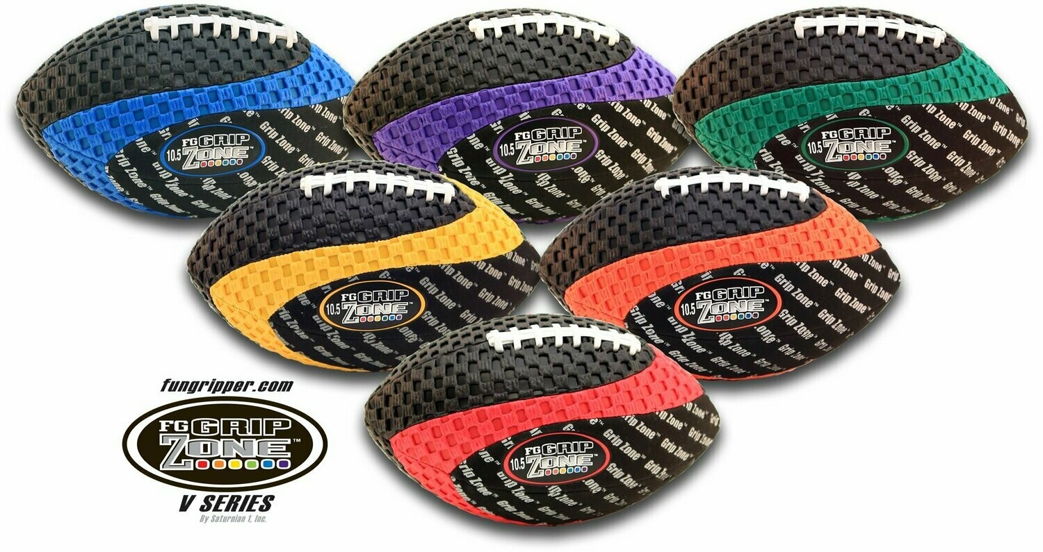 Grip Zone®-Fun Gripper® (V) 10.5" Footballs (Junior Size) Six assorted colors Easy grip By: Saturnian I - PE Supplier