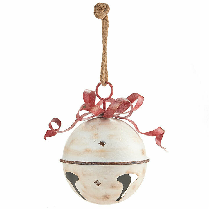 13.75&quot; WHITE GLITTERED JINGLE BELL WITH RED BOW