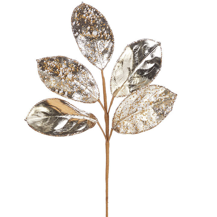 23&quot; Bead and Pearl Jeweled Magnolia Leaf Spray