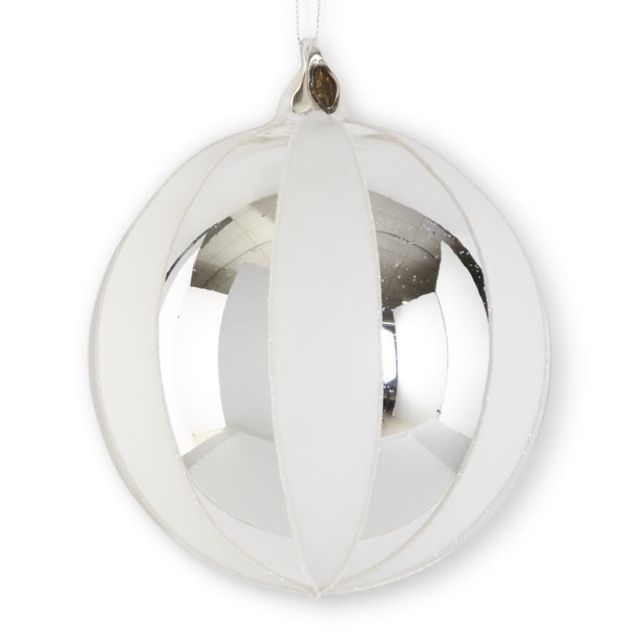 6 Inch White &amp; Silver Round  Striped Glass Ornament