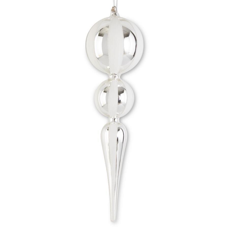 15 Inch White &amp; Silver Striped Glass Double Ball Finial Ornament