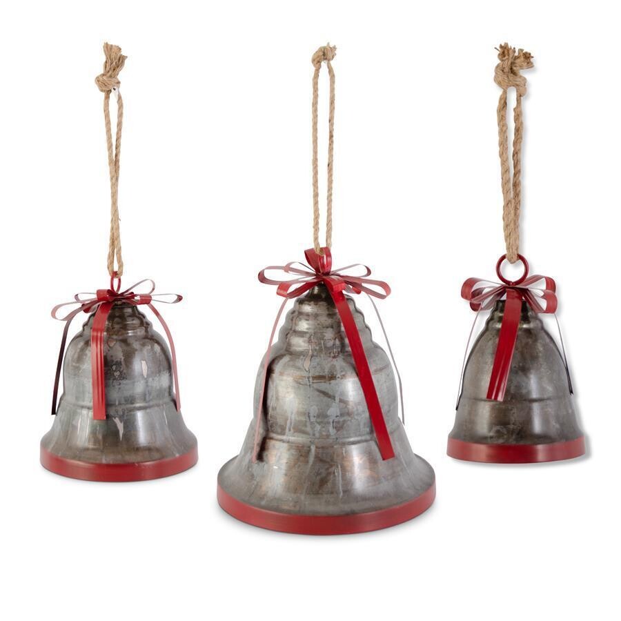 Set of 3 Marbled Dark Metal Bells w/Ribbed Red Bow