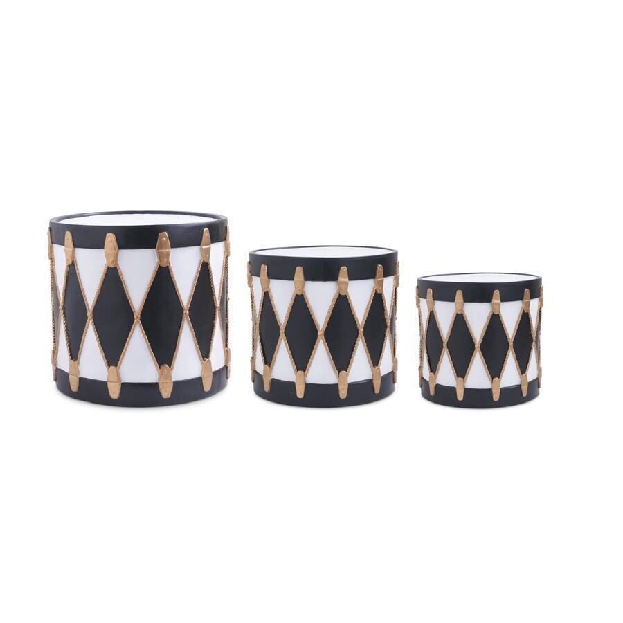 Set of 3 Resin Drums, Color: Black White and Gold