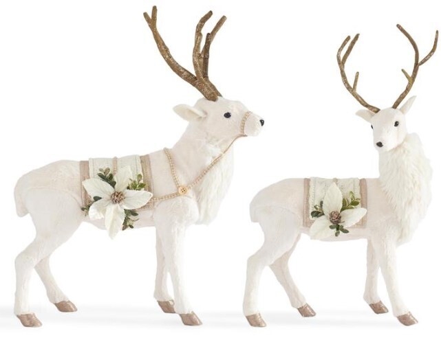 SET OF 2 CREAM FAUX FUR DEER W/KNIT SADDLE &amp; GOLD GLITTERED ANTLERS
