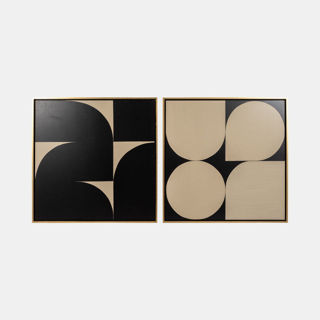 S/2 95x47 Hand Painted Modern Geos, Tan/black