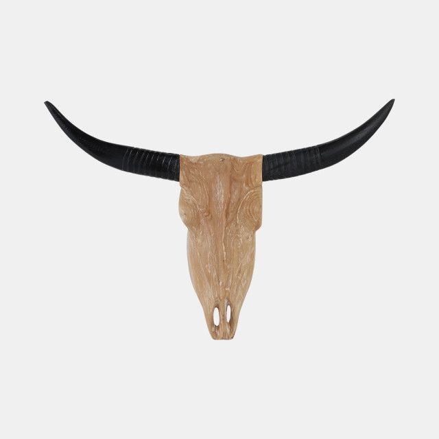 33&quot; Teak Wood Buffalo Skull With Horns, Natural